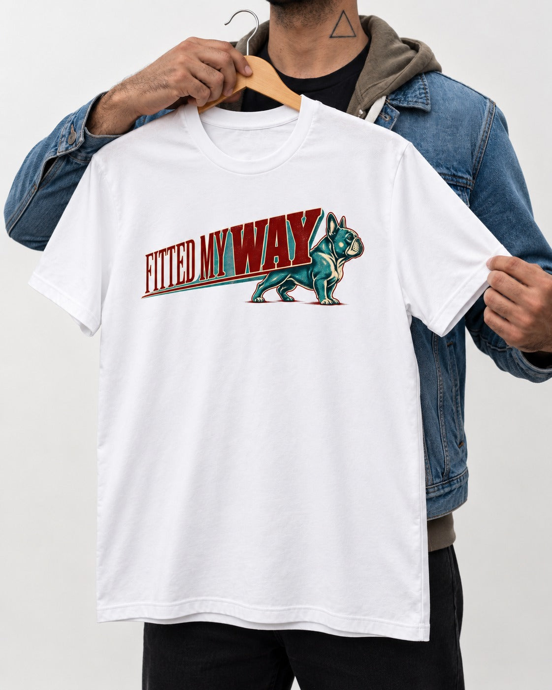 Frenchie Fitted My Way Collegiate Graphic T-Shirt in White, held up on a hanger