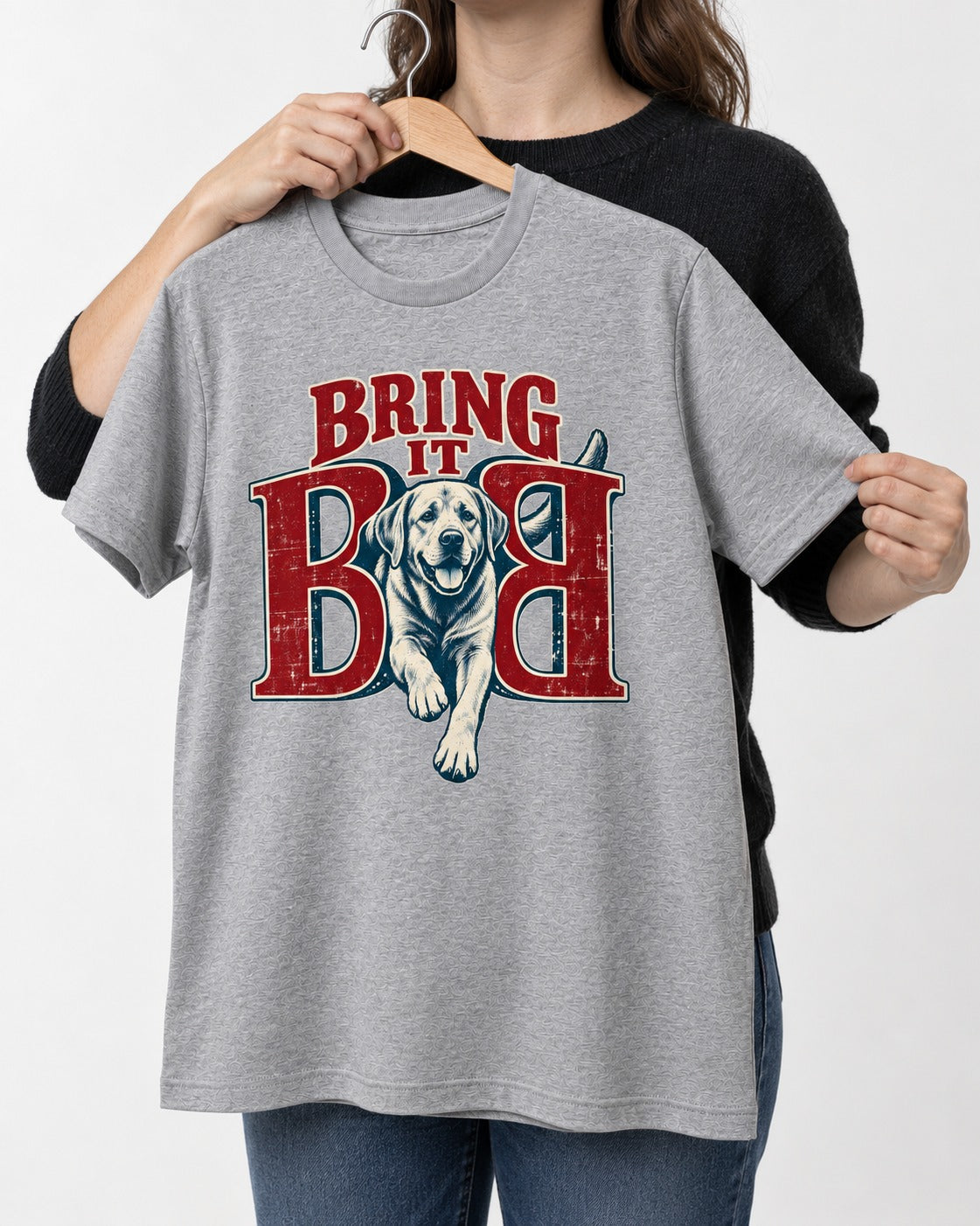Labrador Retriever Bring It Opposing B Portrait Graphic T-Shirt in Sport Grey, held up on a hanger
