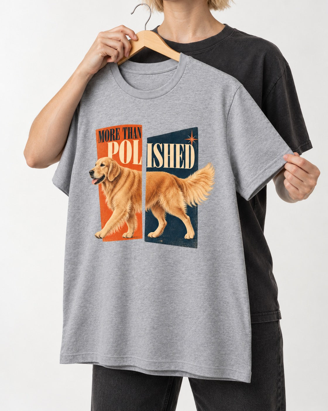Golden Retriever More Than Polished Split Panel Graphic T-Shirt in Sport Grey, held up on a hanger