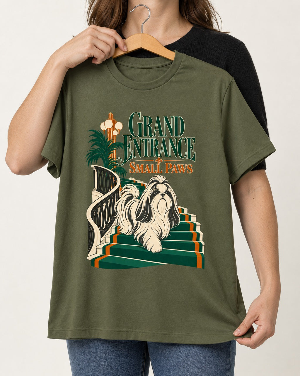 Shih Tzu Grand Entrance Small Paws Staircase Graphic T-Shirt in Heather Military Green, held up on a hanger