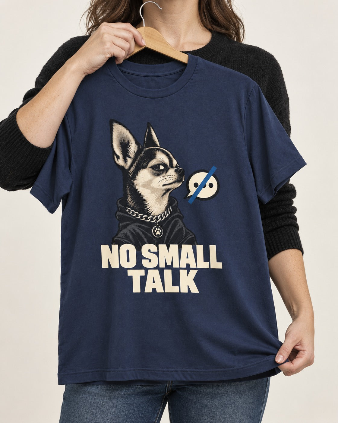 Chihuahua No Small Talk Speech-Off Portrait Graphic T-Shirt in Navy, held up on a hanger