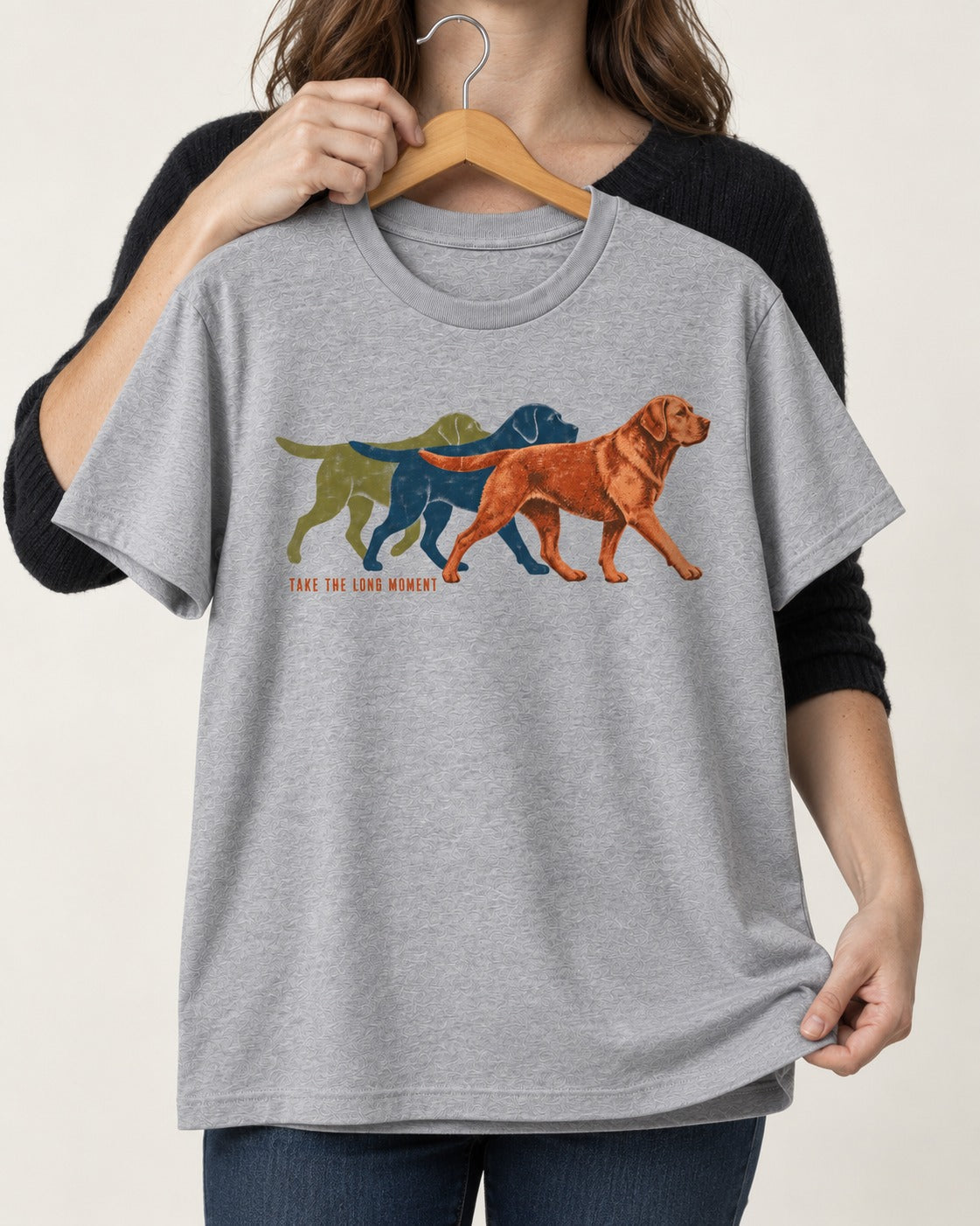 Take the Long Moment Labrador Retriever T-Shirt in Sport Grey, held up on a hanger