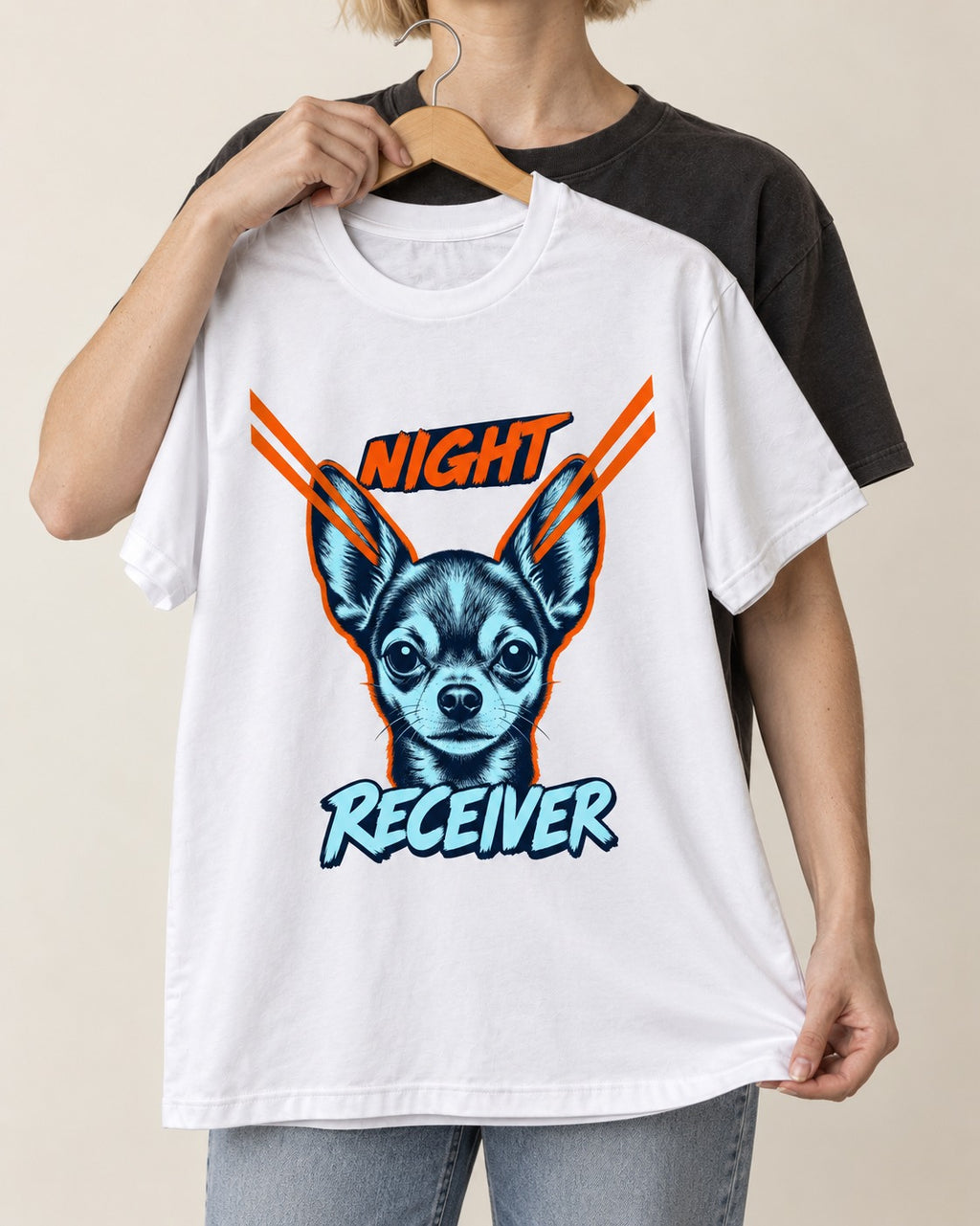 Chihuahua Night Receiver Signal Portrait Graphic T-Shirt in White, held up on a hanger