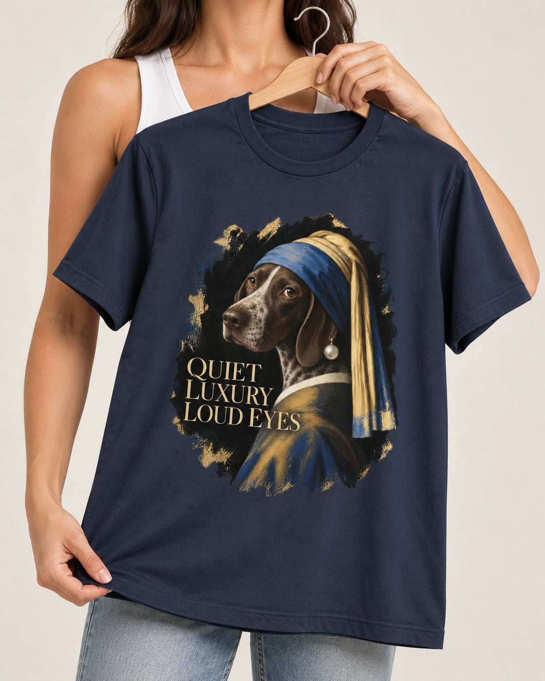 German Shorthaired Pointer Quiet Luxury Loud Eyes Pearl Earring Portrait Graphic T-Shirt in Navy, held up on a hanger