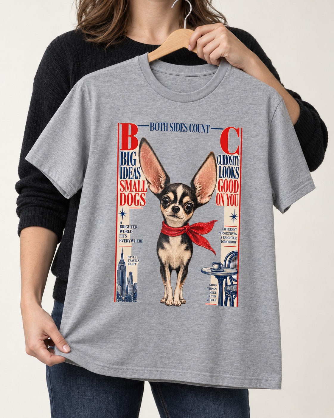 Chihuahua Big Ideas T-Shirt in Sport Grey, held up on a hanger