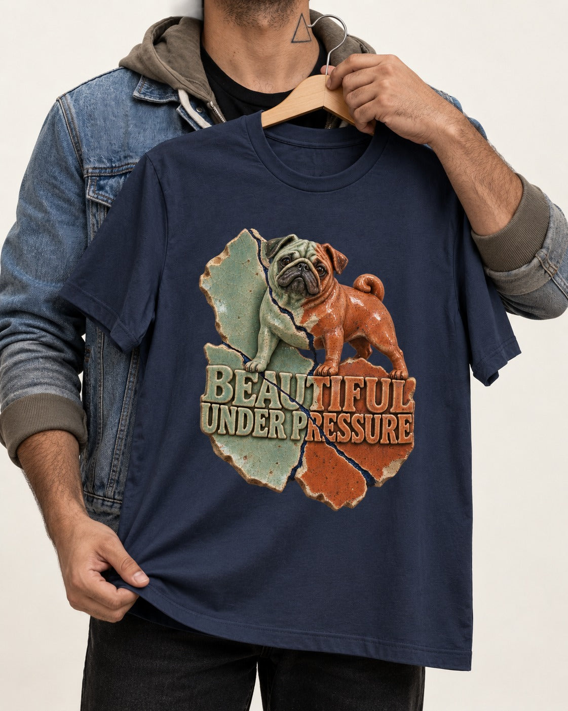 Pug Beautiful Under Pressure Cracked Ceramic Graphic T-Shirt in Navy, held up on a hanger