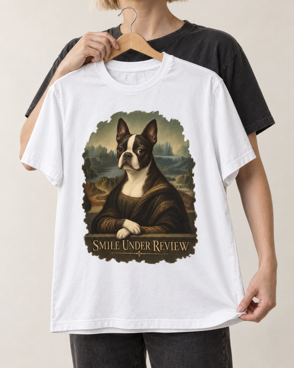 Smile Under Review Boston Terrier Mona Lisa Portrait T-Shirt in White, held up on a hanger