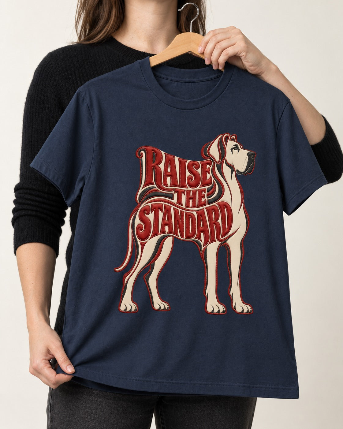 Great Dane Raise the Standard Typography Graphic T-Shirt in Navy, held up on a hanger