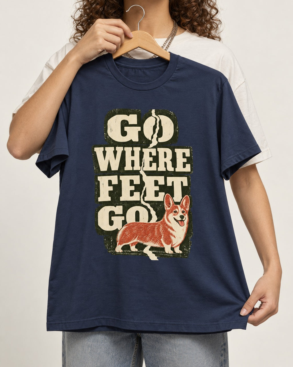 Corgi Go Where Feet Go Path T-Shirt in Navy, held up on a hanger