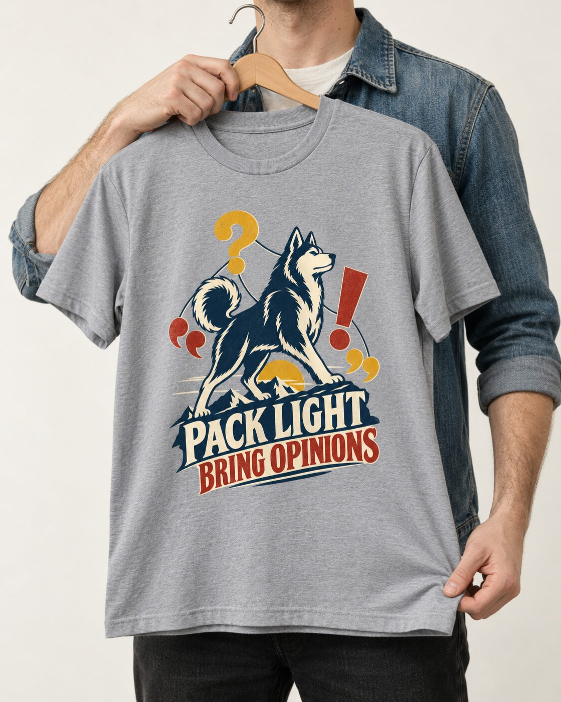 Husky Pack Light Bring Opinions T-Shirt in Sport Grey, held up on a hanger