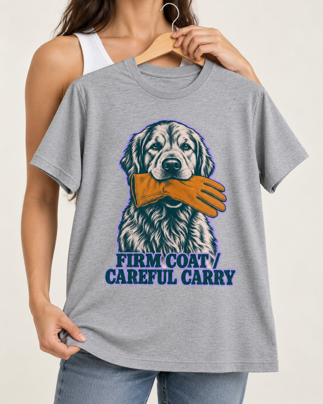 Golden Retriever Firm Coat Careful Carry T-Shirt in Sport Grey, held up on a hanger
