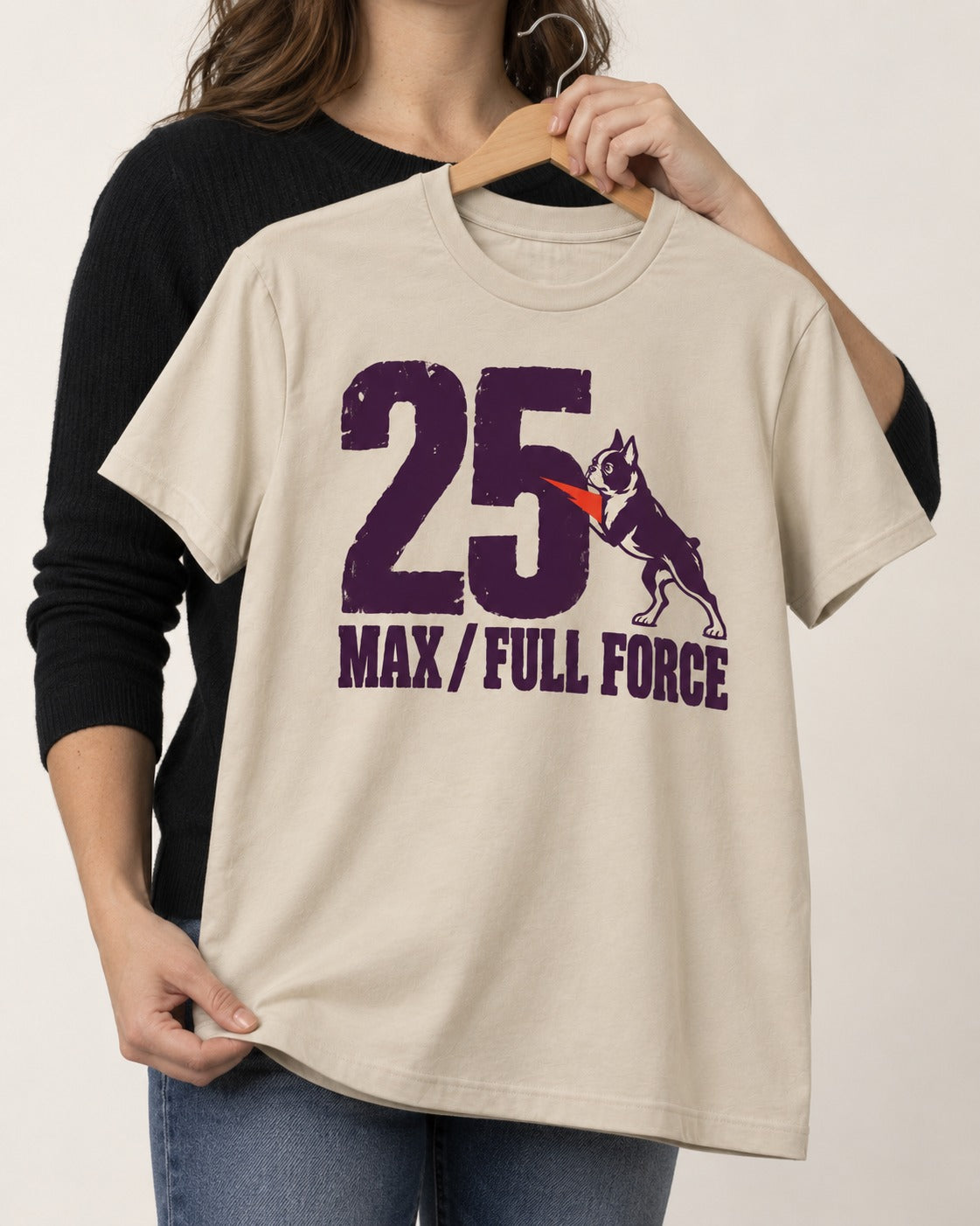 Boston Terrier Full Force T-Shirt in Sand, held up on a hanger