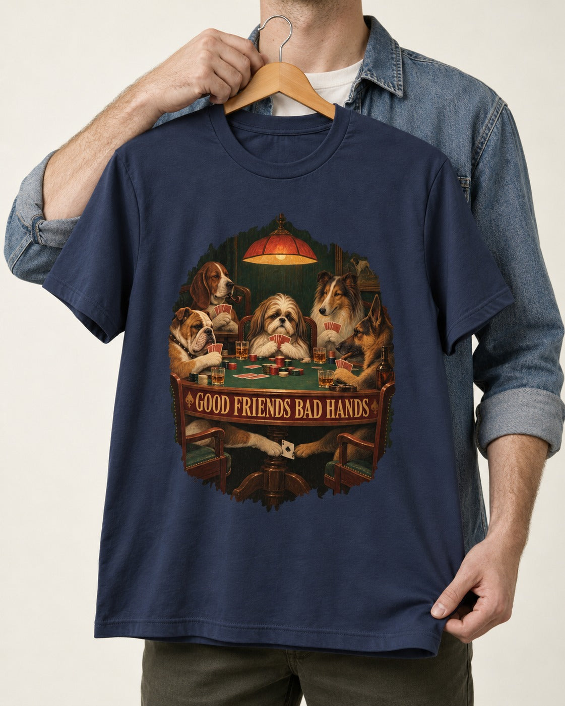 Shih Tzu Good Friends Bad Hands Poker Night Graphic T-Shirt in Navy, held up on a hanger