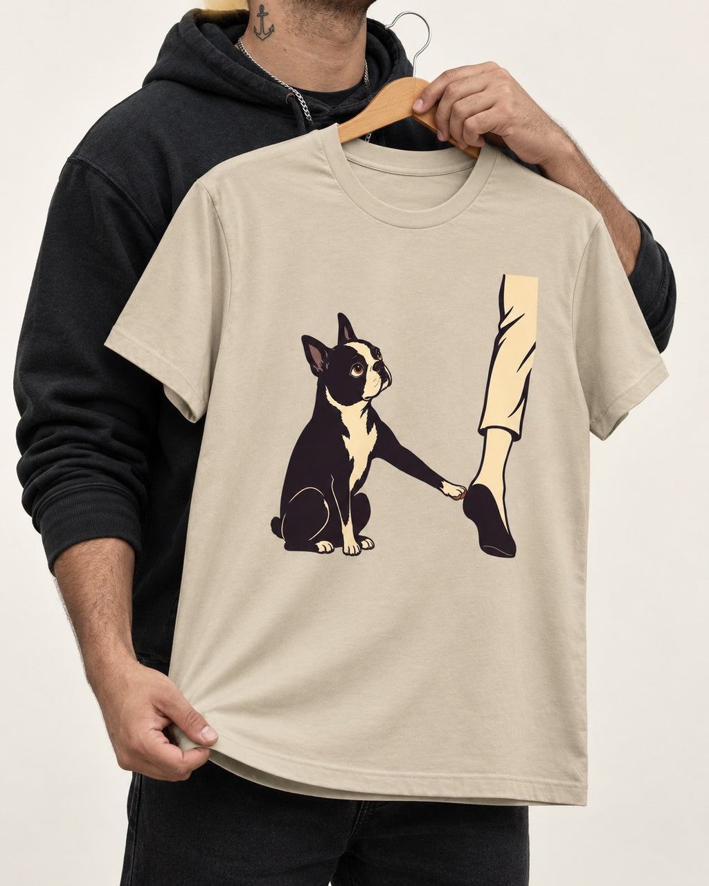 Boston Terrier Stay with Me T-Shirt in Sand, held up on a hanger
