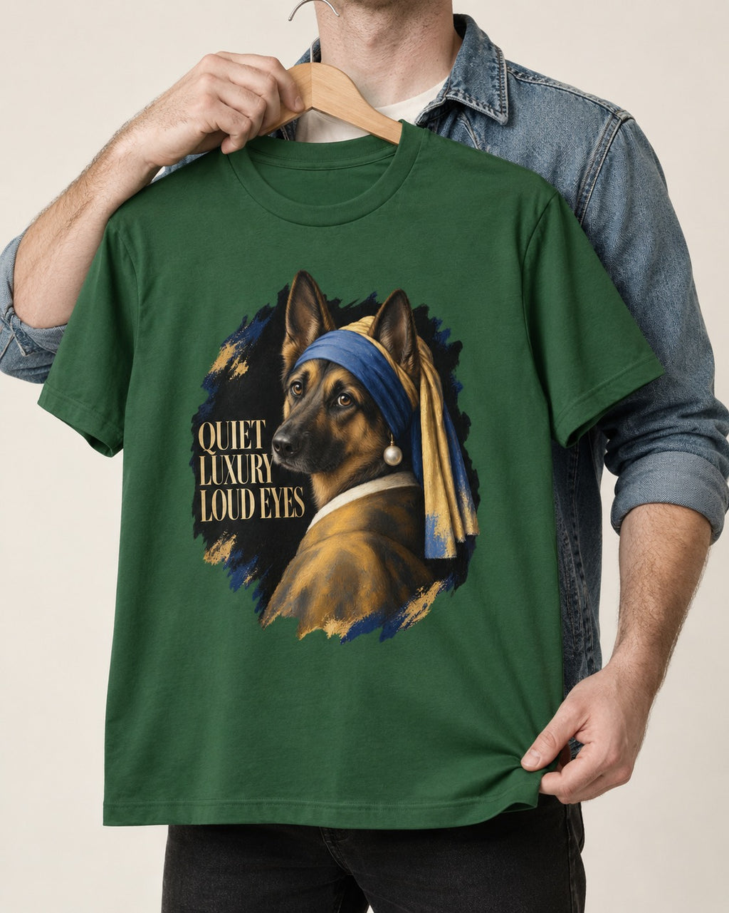 German Shepherd Dog Quiet Luxury Loud Eyes Pearl Portrait T-Shirt in Forest Green, held up on a hanger