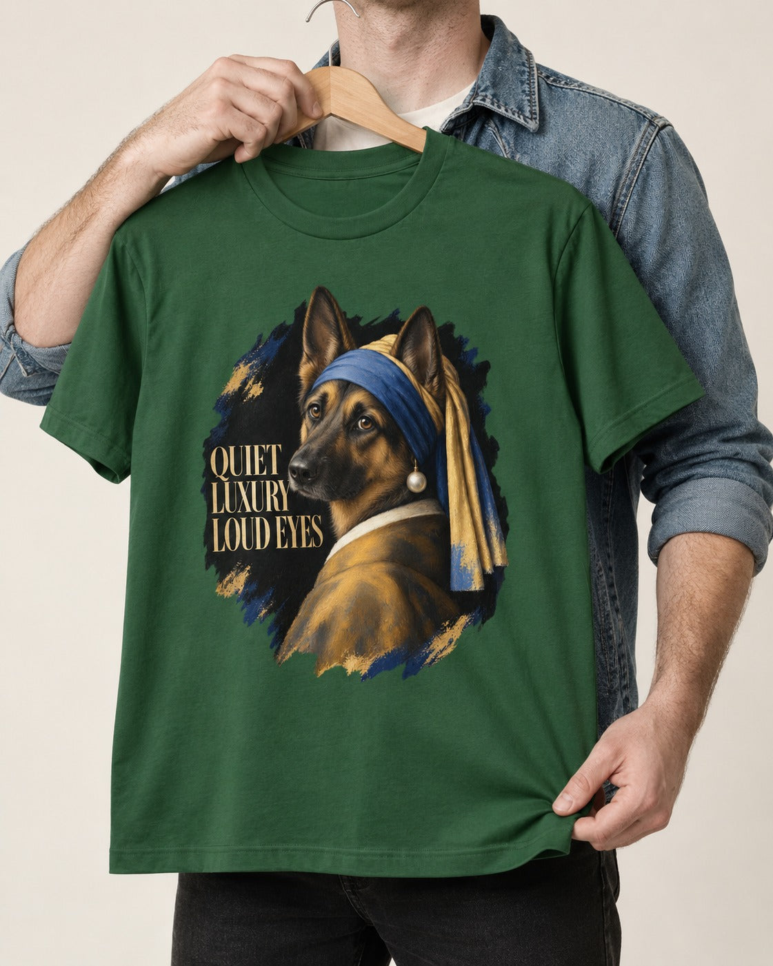 German Shepherd Dog Quiet Luxury Loud Eyes Pearl Portrait T-Shirt in Forest Green, held up on a hanger