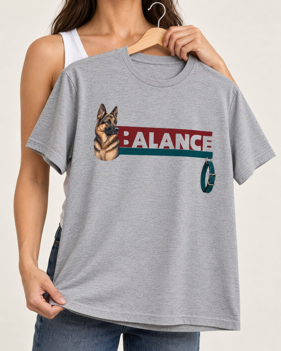 German Shepherd Dog Balance T-Shirt in Sport Grey, held up on a hanger
