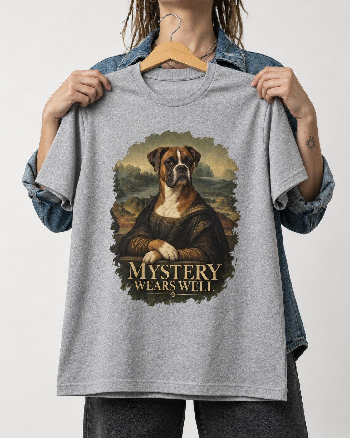 Mystery Wears Well Boxer Mona Lisa Portrait T-Shirt in Sport Grey, held up on a hanger