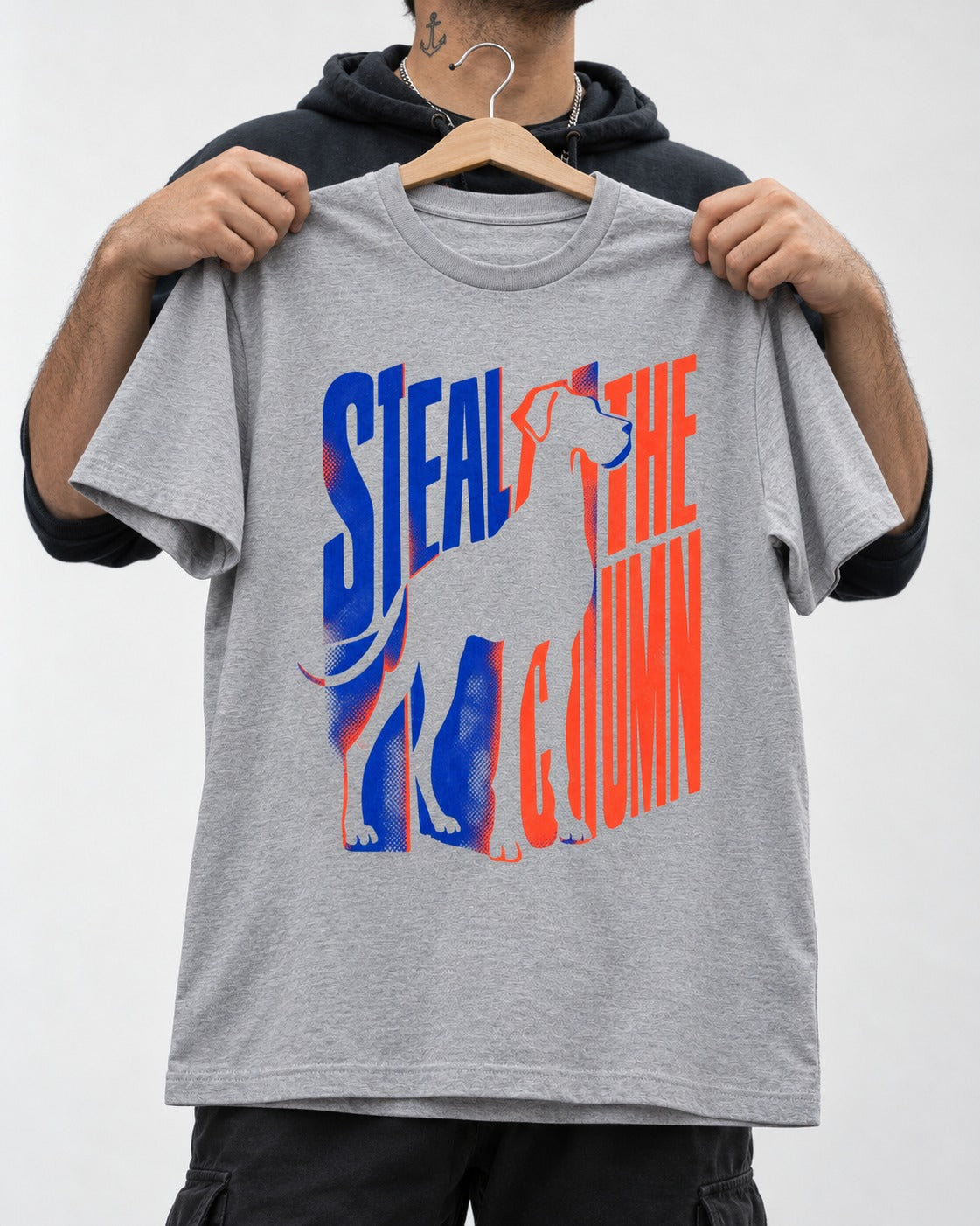 Steal the Show Great Dane T-Shirt in Sport Grey, held up on a hanger