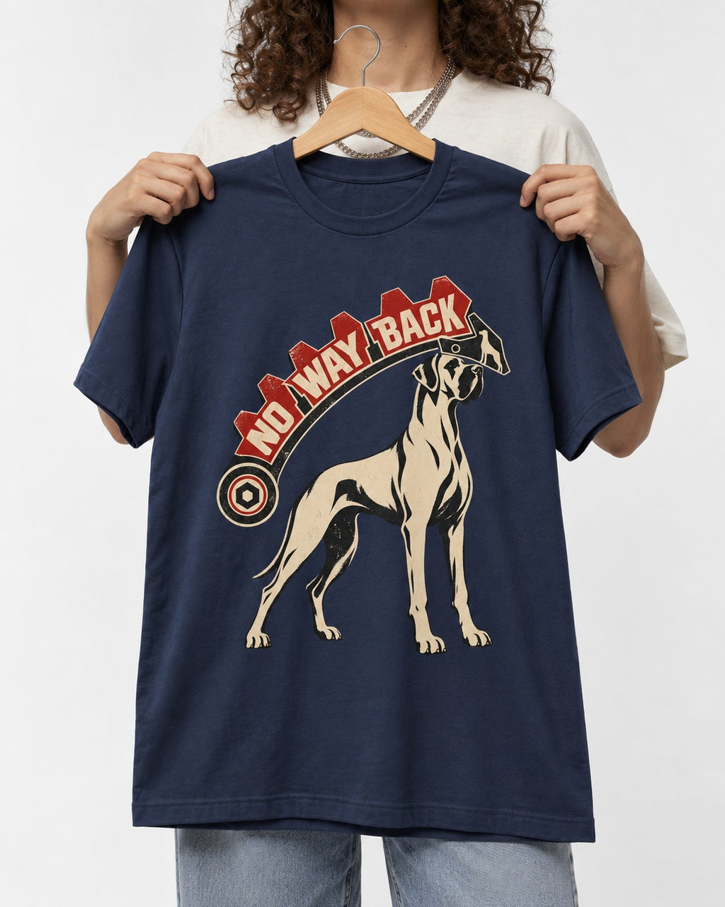 Great Dane No Way Back Arrow Graphic T-Shirt in Navy, held up on a hanger