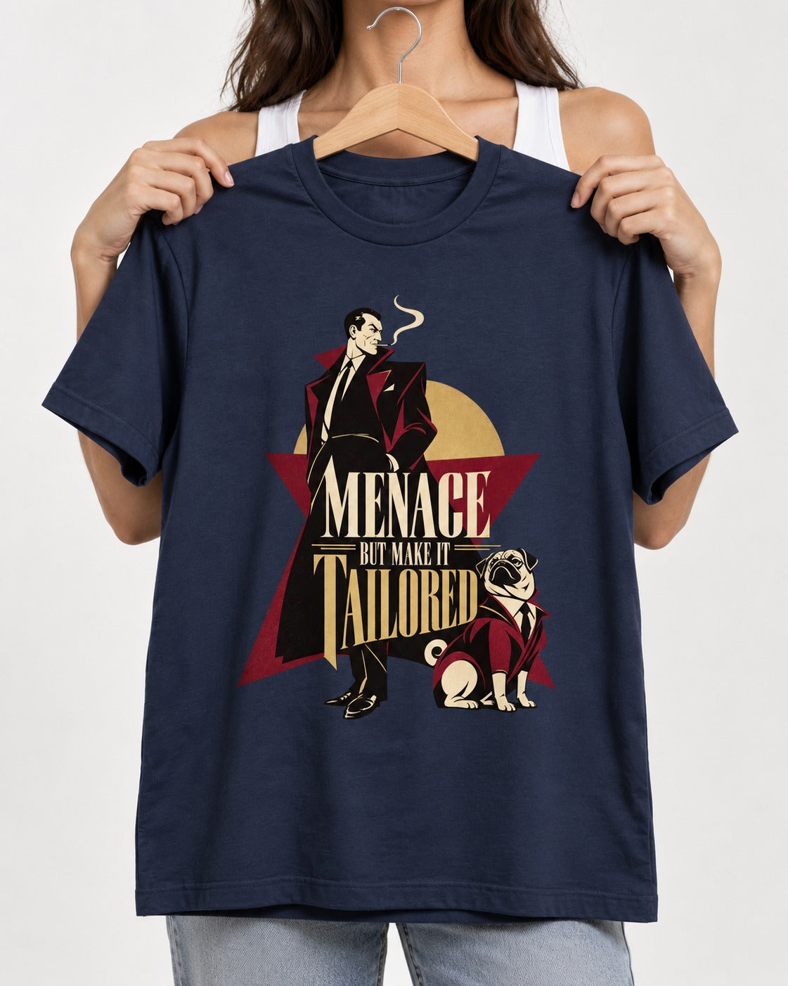 Pug Menace But Make It Tailored Graphic T-Shirt in Navy, held up on a hanger