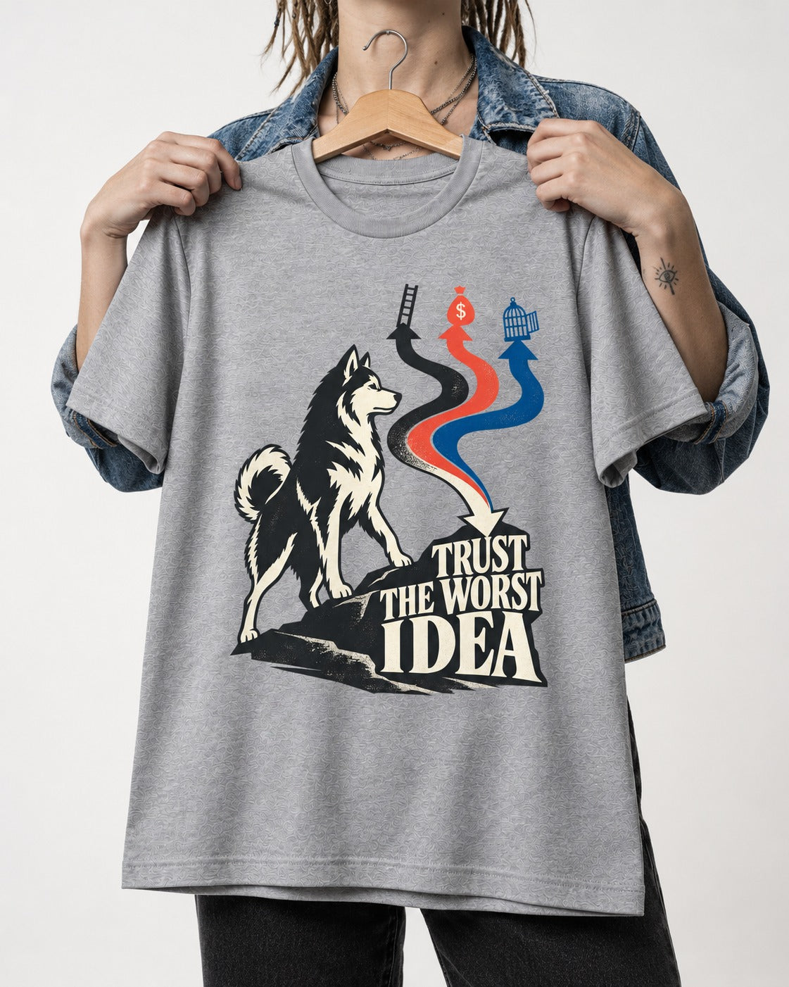 Trust the Worst Husky Idea T-Shirt in Sport Grey, held up on a hanger