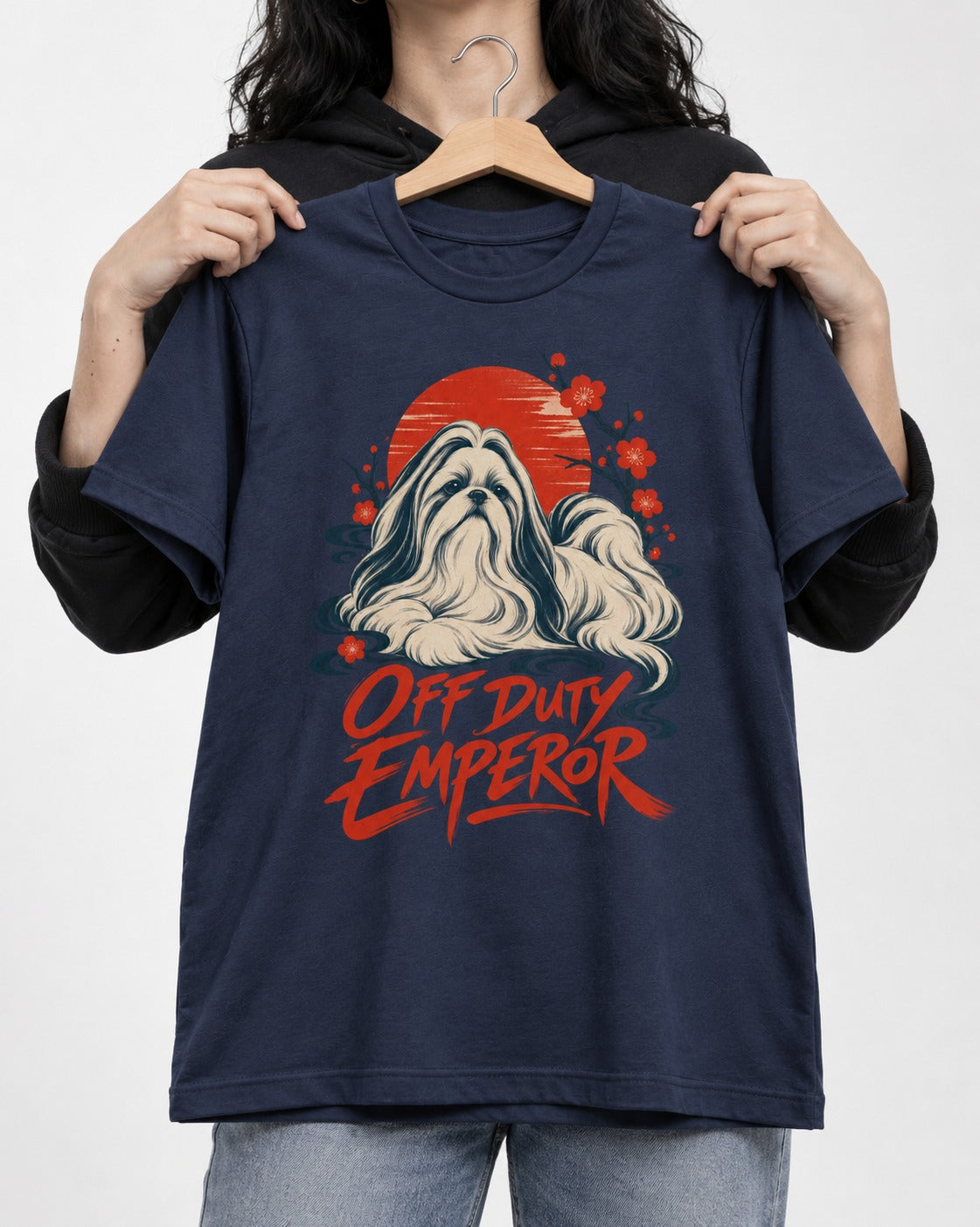 Shih Tzu Off Duty Emperor Sunset Blossom Graphic T-Shirt in Navy, held up on a hanger