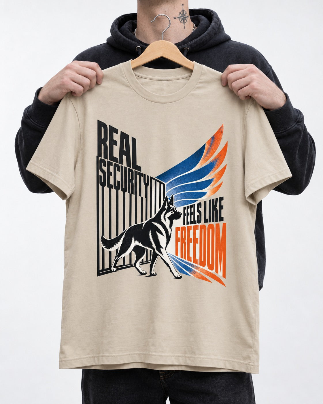 German Shepherd Dog Feels Like Freedom T-Shirt in Sand, held up on a hanger