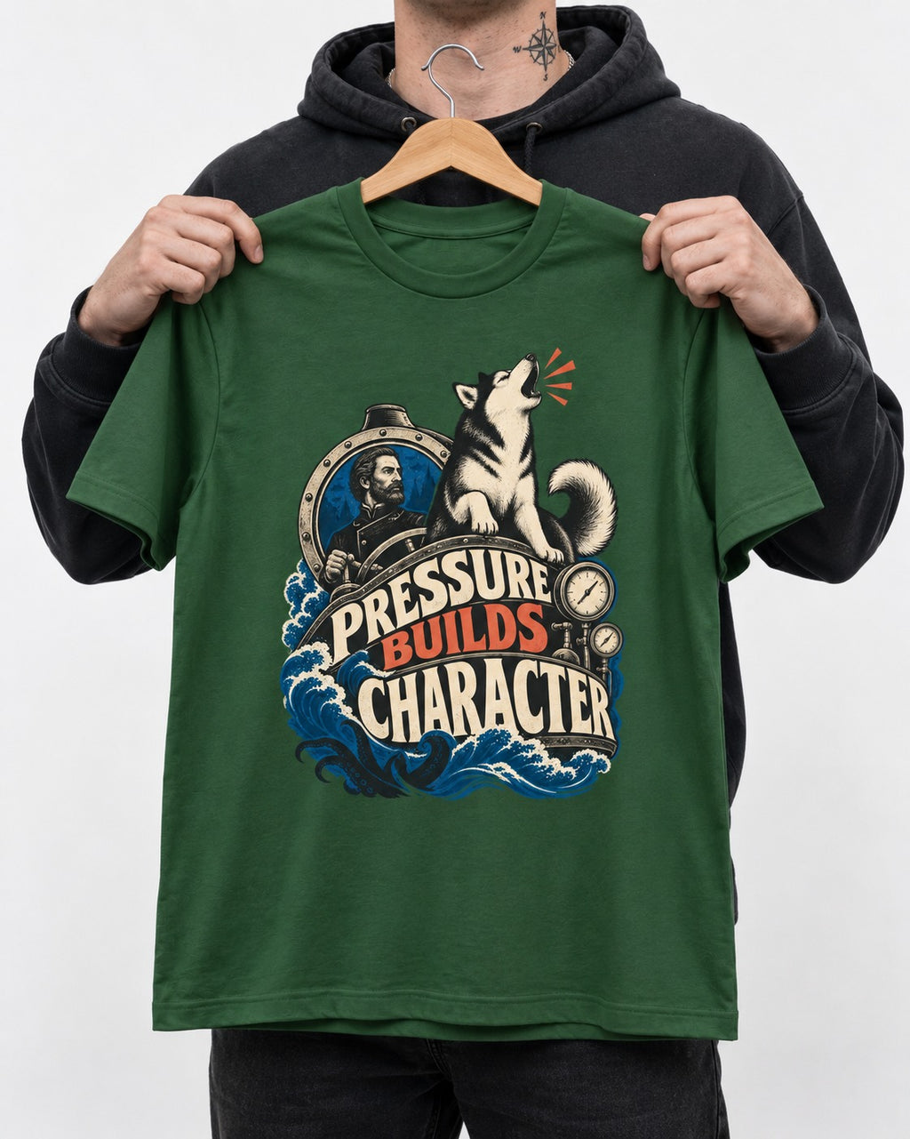 Husky Pressure Builds Character Deep Sea Graphic T-Shirt in Forest Green, held up on a hanger