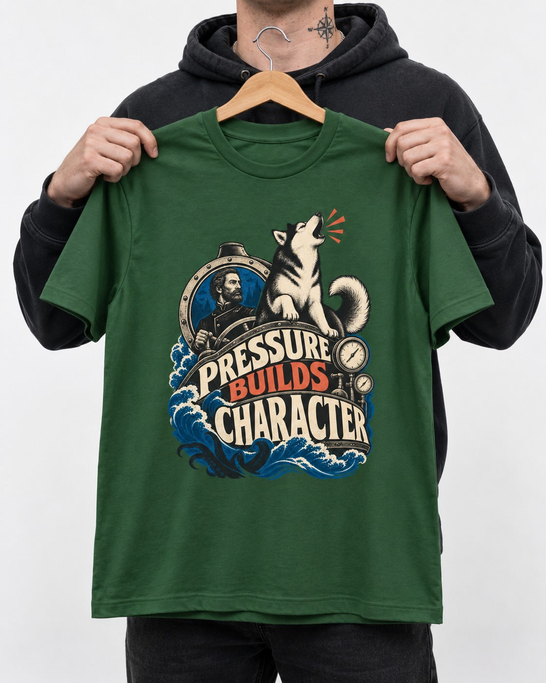 Husky Pressure Builds Character Deep Sea Graphic T-Shirt in Forest Green, held up on a hanger