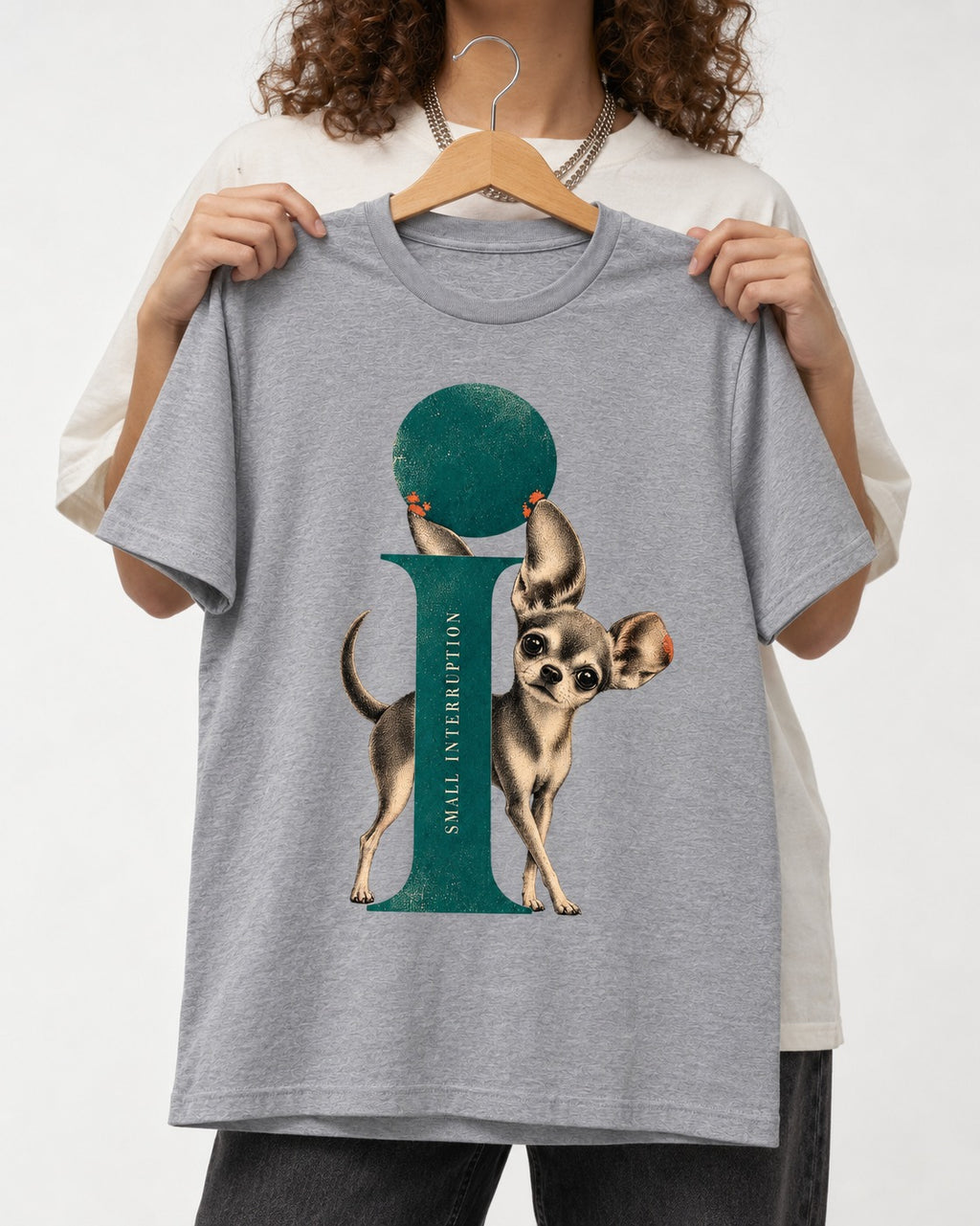 Chihuahua Small Interruption Geometric Portrait T-Shirt in Sport Grey, held up on a hanger