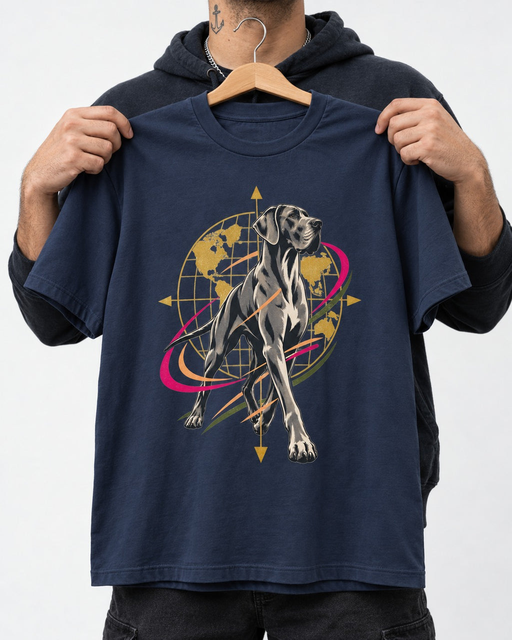 Great Dane Striding Globe Orbit Graphic T-Shirt in Navy, held up on a hanger