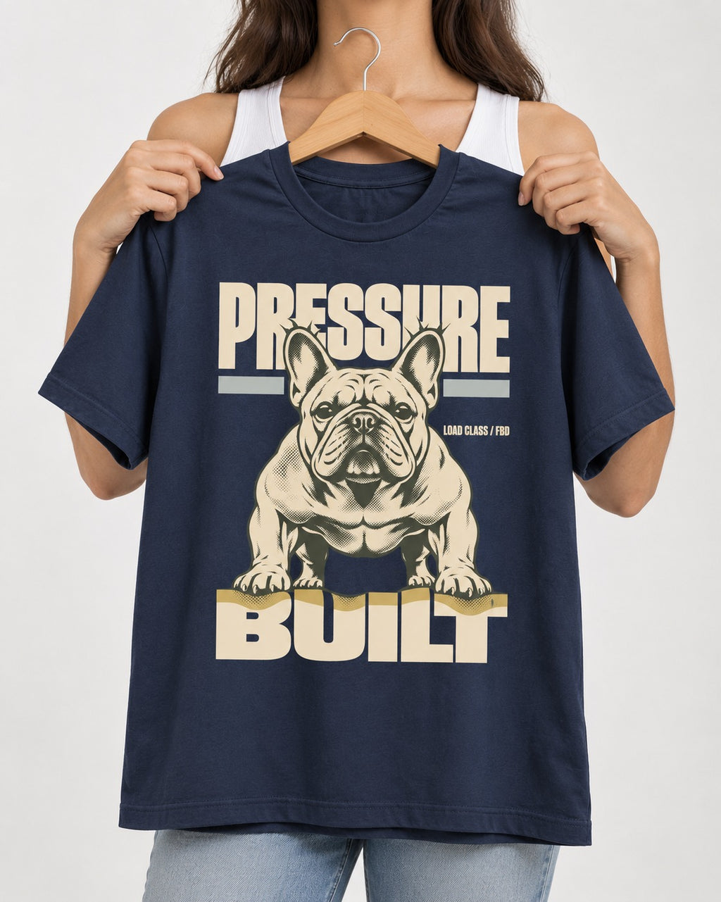 Frenchie Pressure Built Load Class Graphic T-Shirt in Navy, held up on a hanger