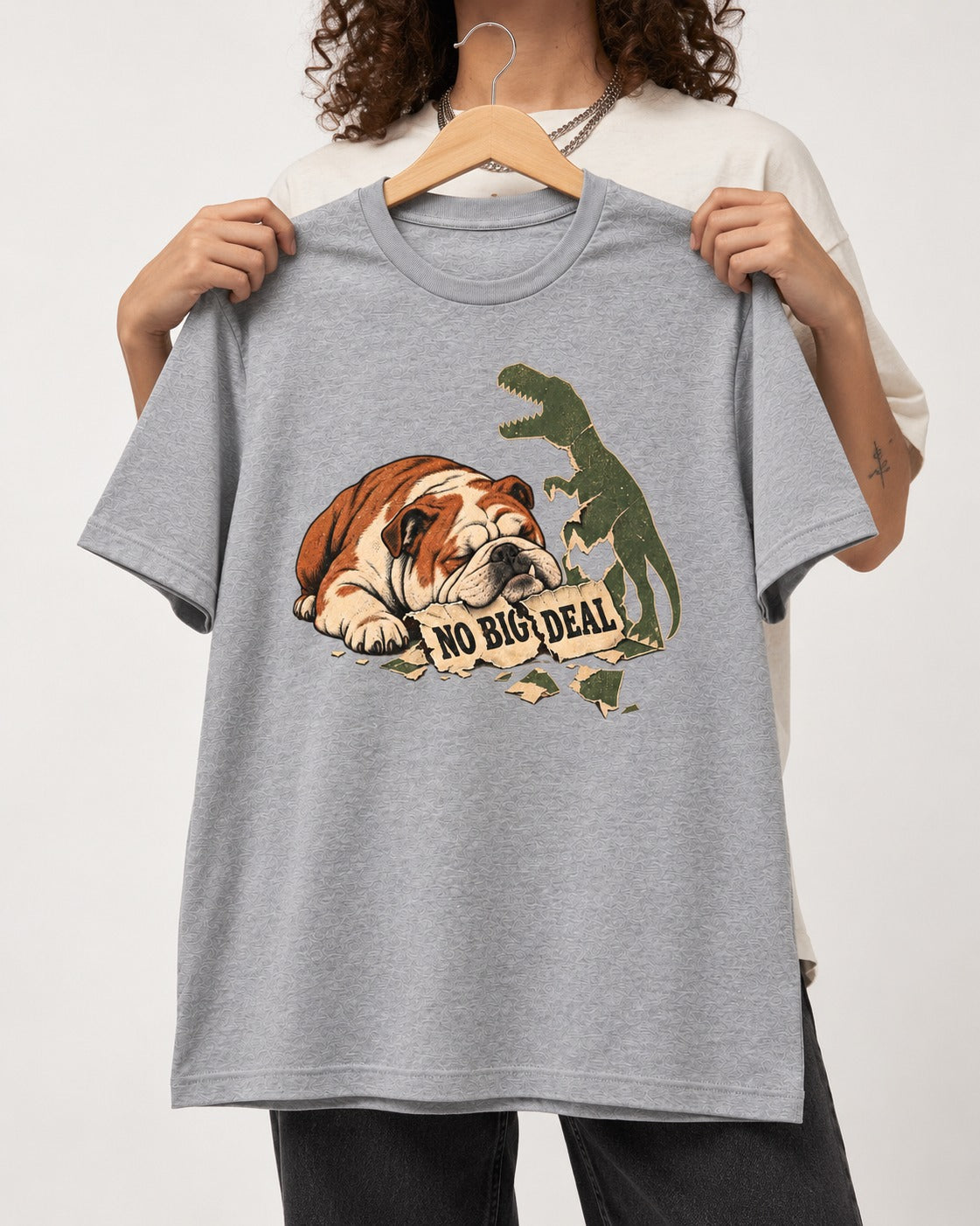 English Bulldog No Big Deal T-Shirt in Sport Grey, held up on a hanger