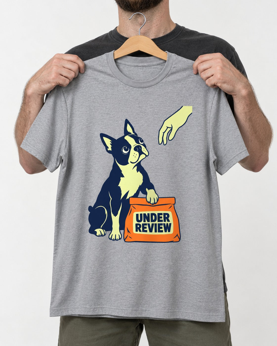 Boston Terrier Under Review T-Shirt in Sport Grey, held up on a hanger