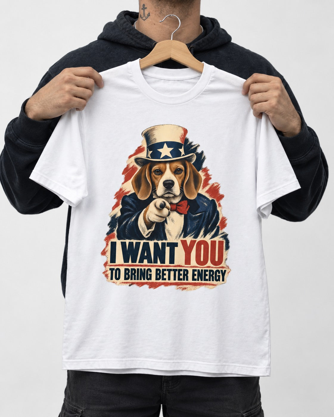 Bring Better Energy Beagle Uncle Sam T-Shirt in White, held up on a hanger