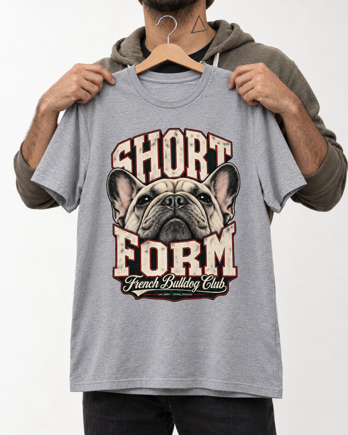 Short Form Frenchie T-Shirt in Sport Grey, held up on a hanger
