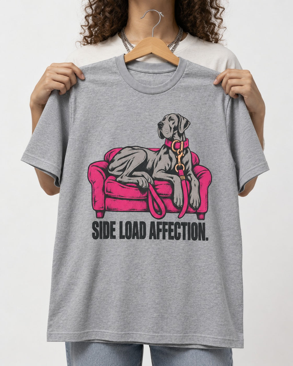 Great Dane Side Load Affection T-Shirt in Sport Grey, held up on a hanger