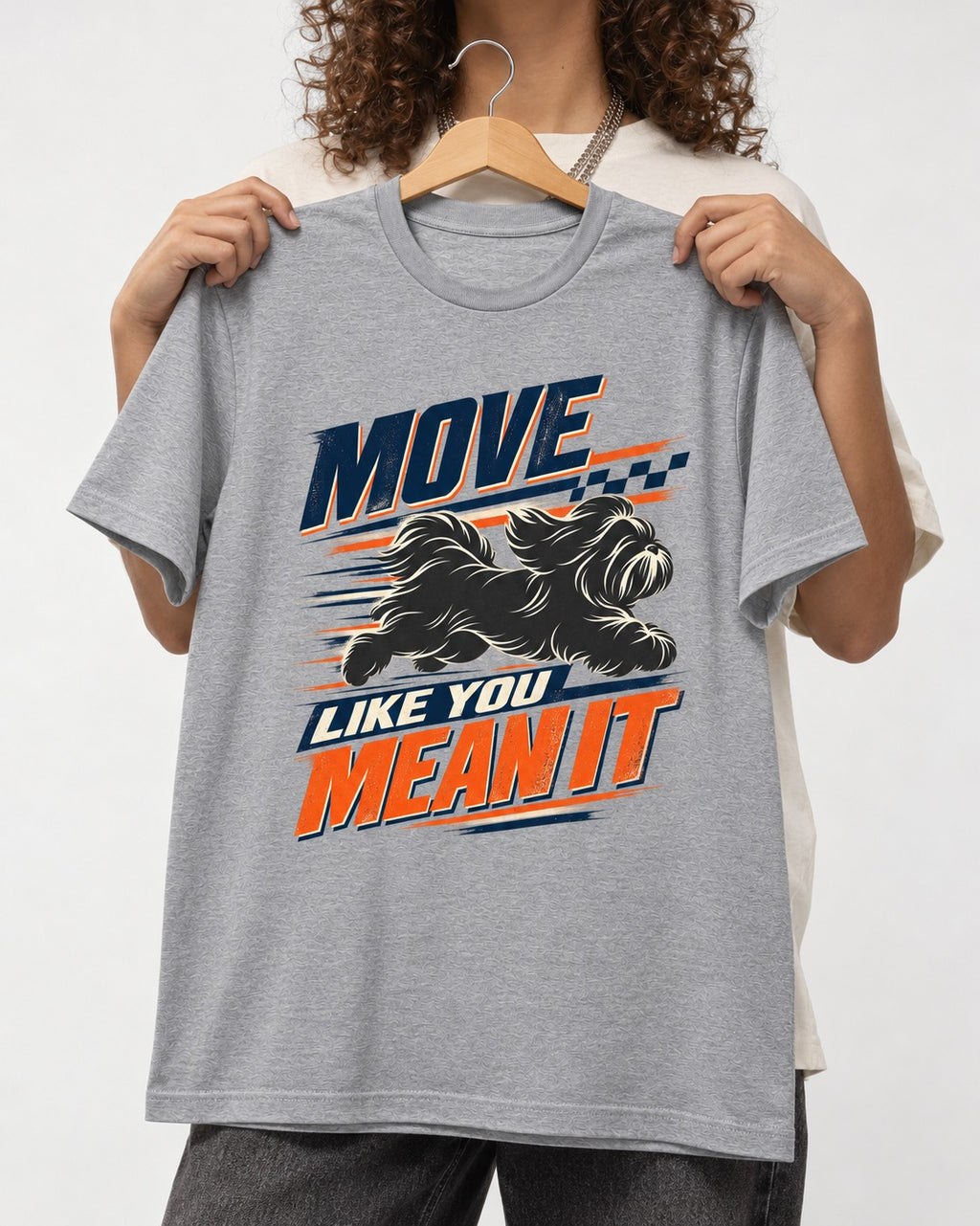Move and Mean It Shih Tzu T-Shirt in Sport Grey, held up on a hanger