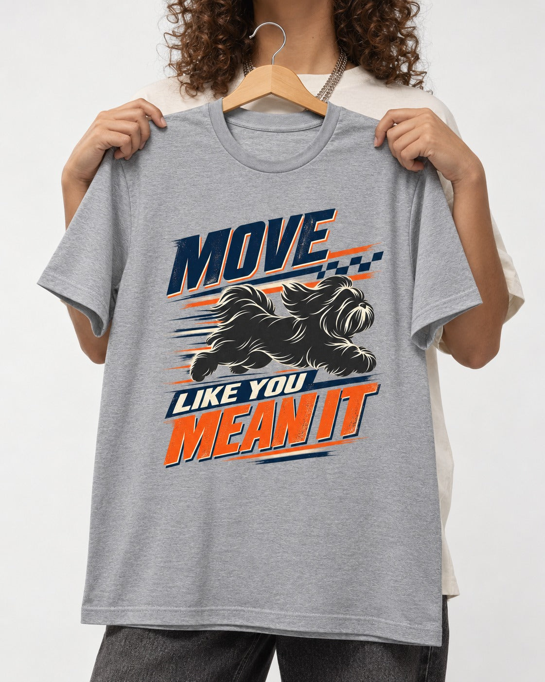 Move and Mean It Shih Tzu T-Shirt in Sport Grey, held up on a hanger