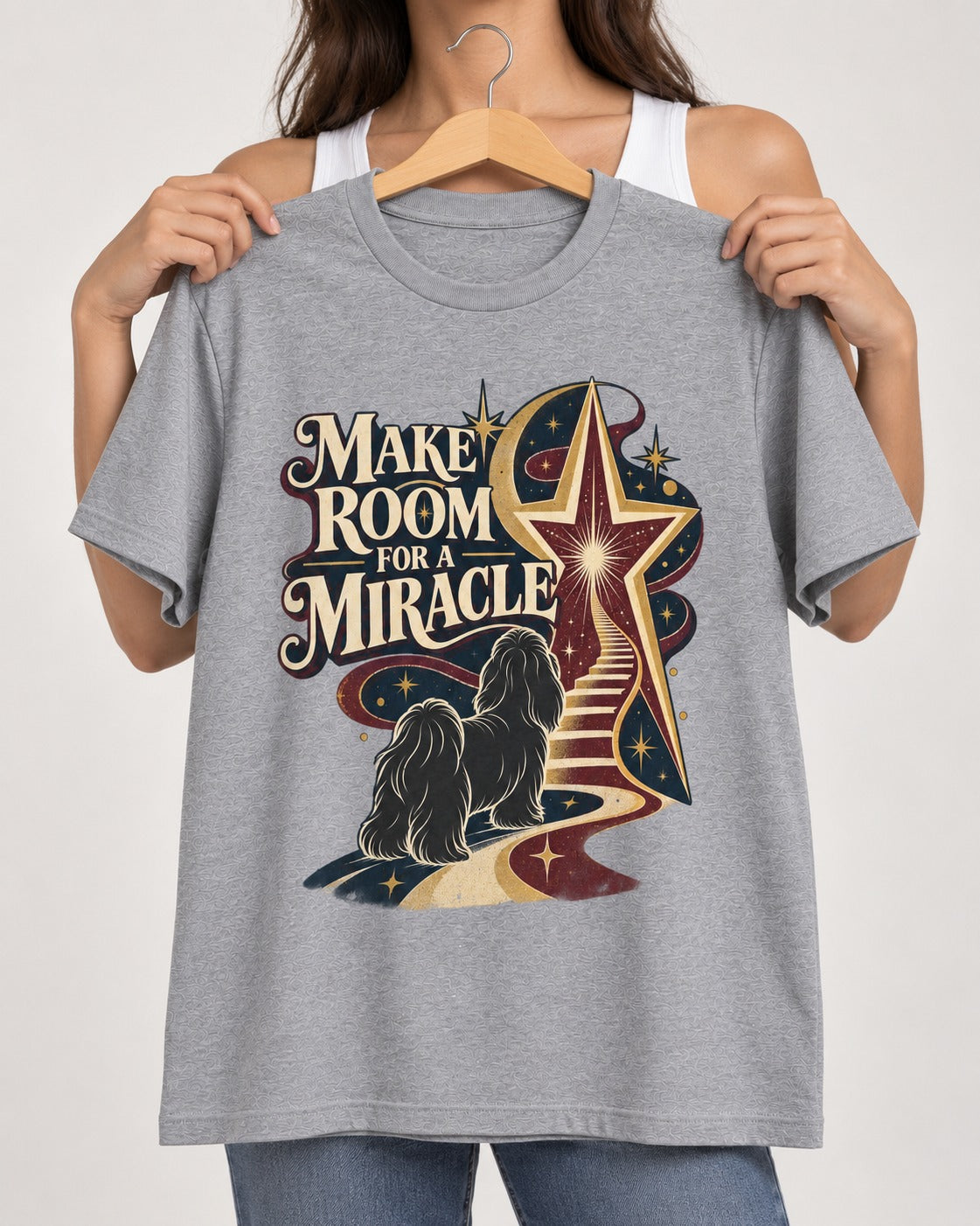 Room for a Shih Tzu Miracle T-Shirt in Sport Grey, held up on a hanger