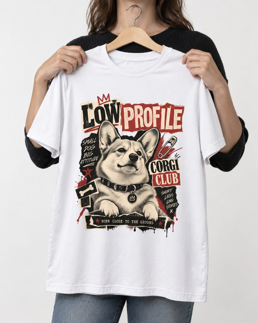 Corgi Low Profile Corgi Club Punk Collage Graphic T-Shirt in White, held up on a hanger
