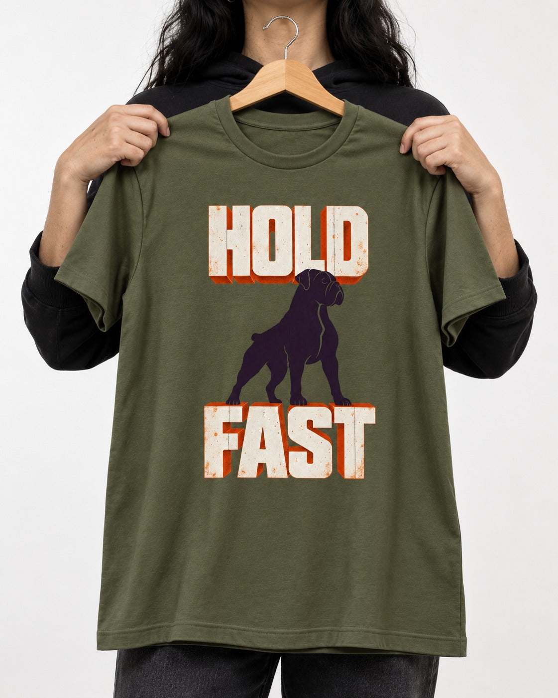 Hold Fast Boxer Typography Graphic T-Shirt in Heather Military Green, held up on a hanger