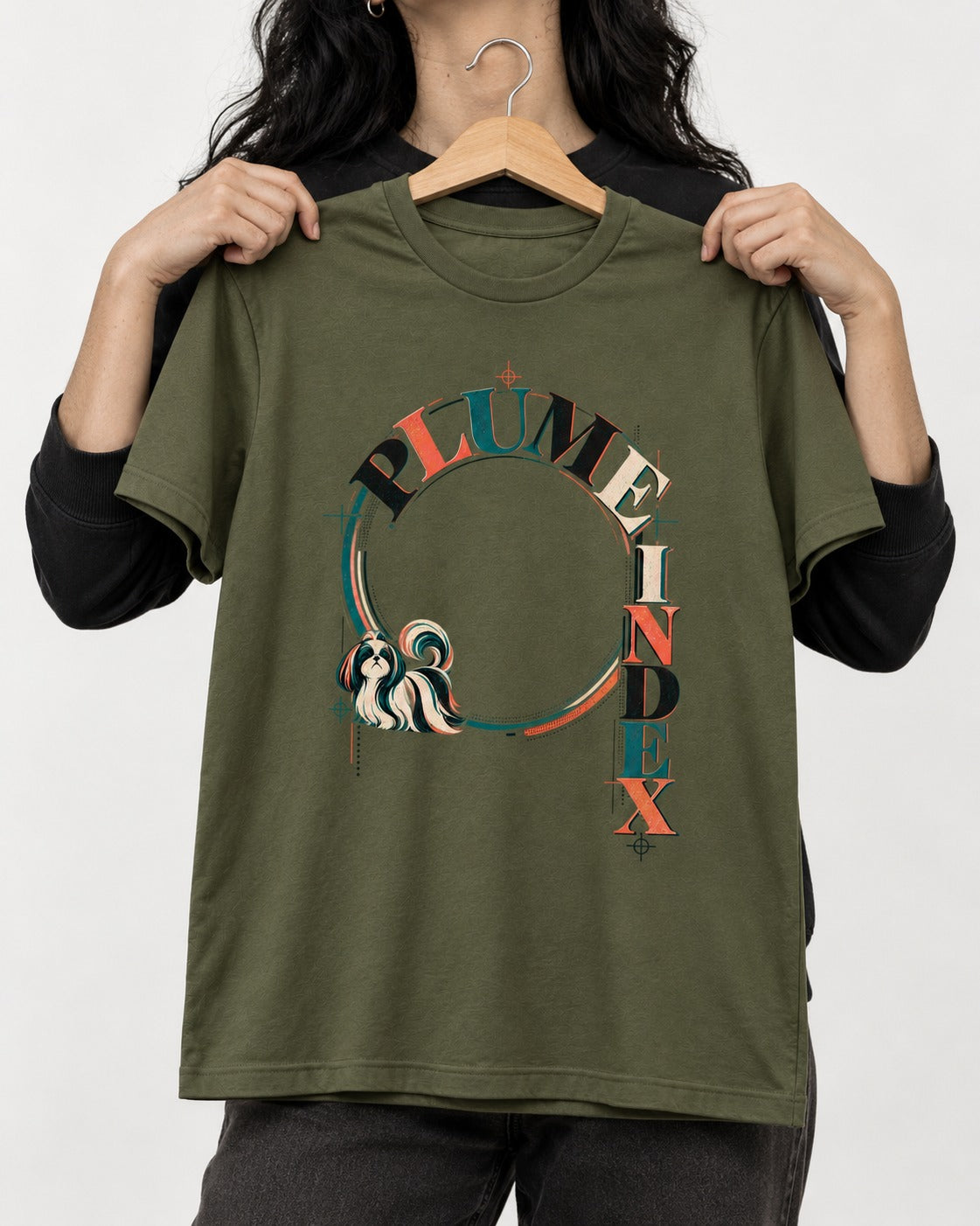 Shih Tzu Plume Index Circular Typography Graphic T-Shirt in Heather Military Green, held up on a hanger