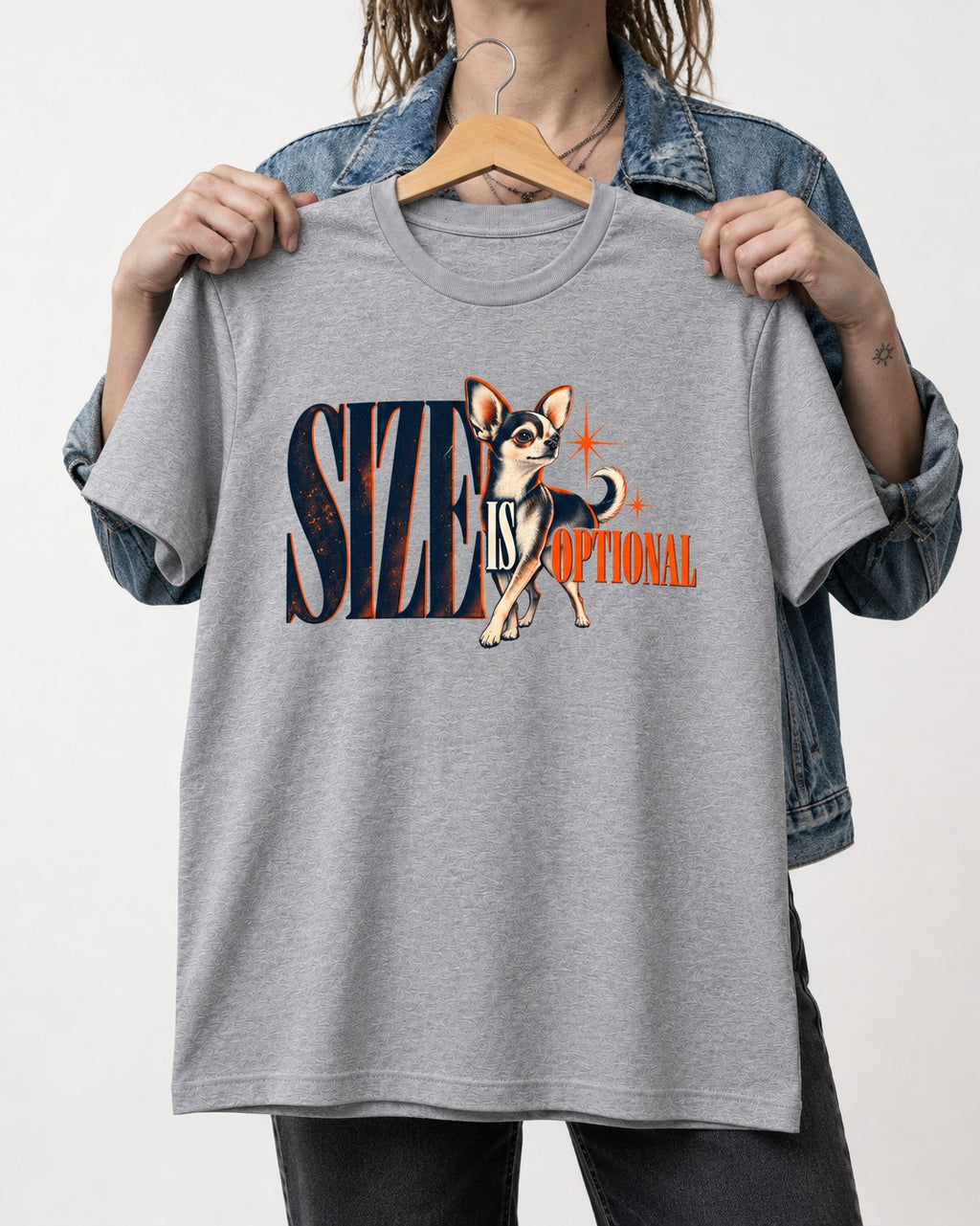 Chihuahua Size Is Optional Starburst Graphic T-Shirt in Sport Grey, held up on a hanger