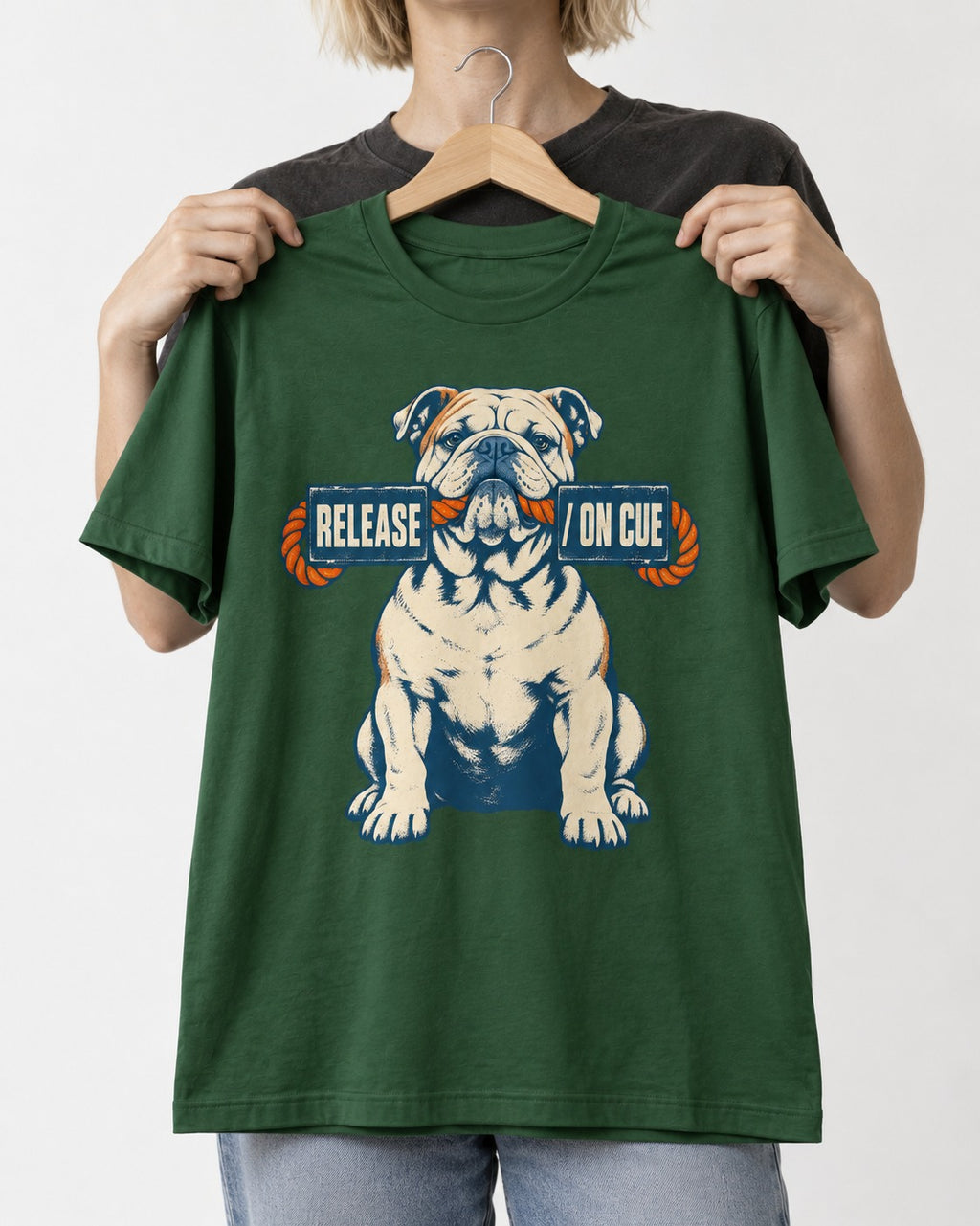 English Bulldog Release on Cue Rope Sign Graphic T-Shirt in Forest Green, held up on a hanger