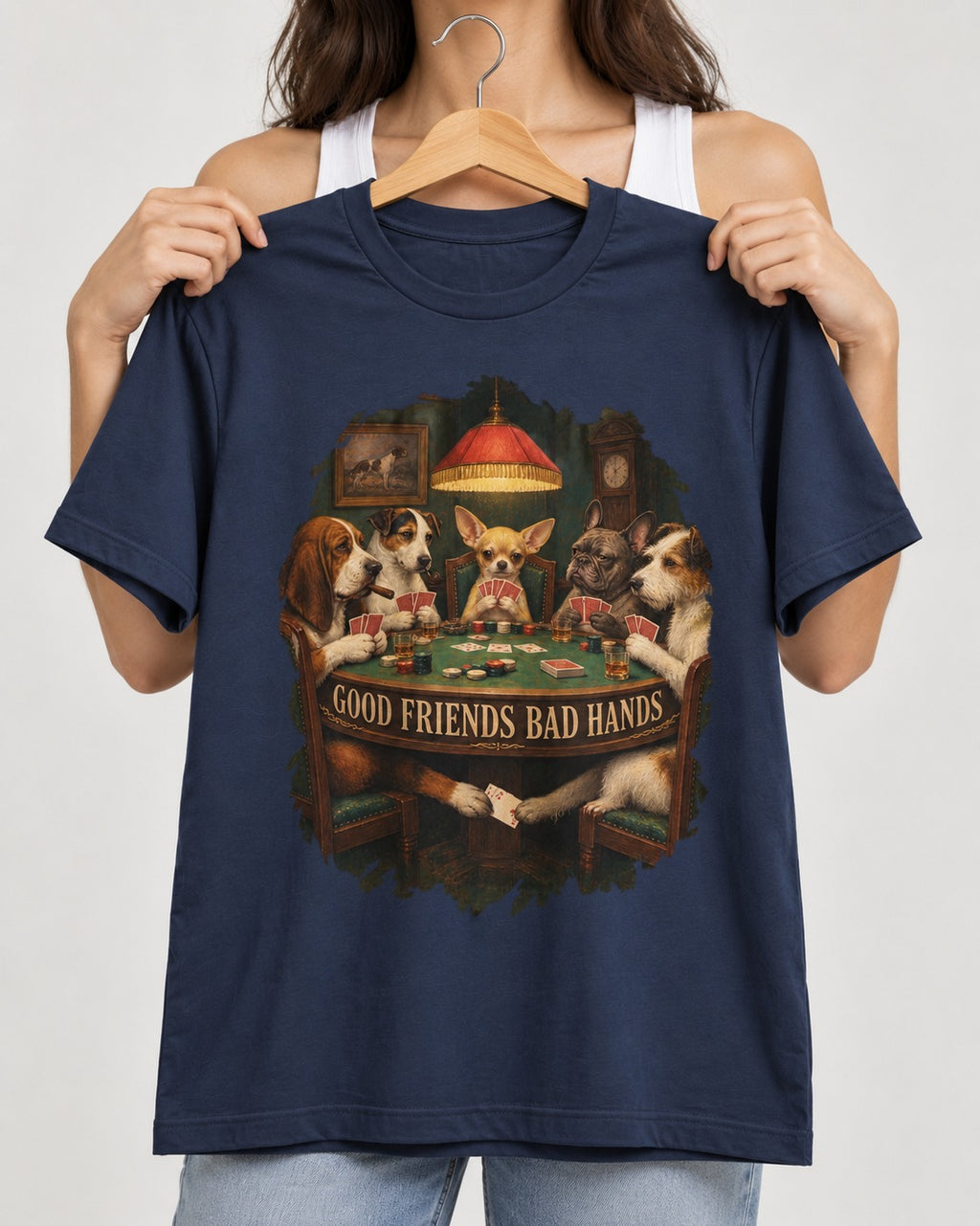 Good Friends Bad Hands Chihuahua Poker Scene T-Shirt in Navy, held up on a hanger