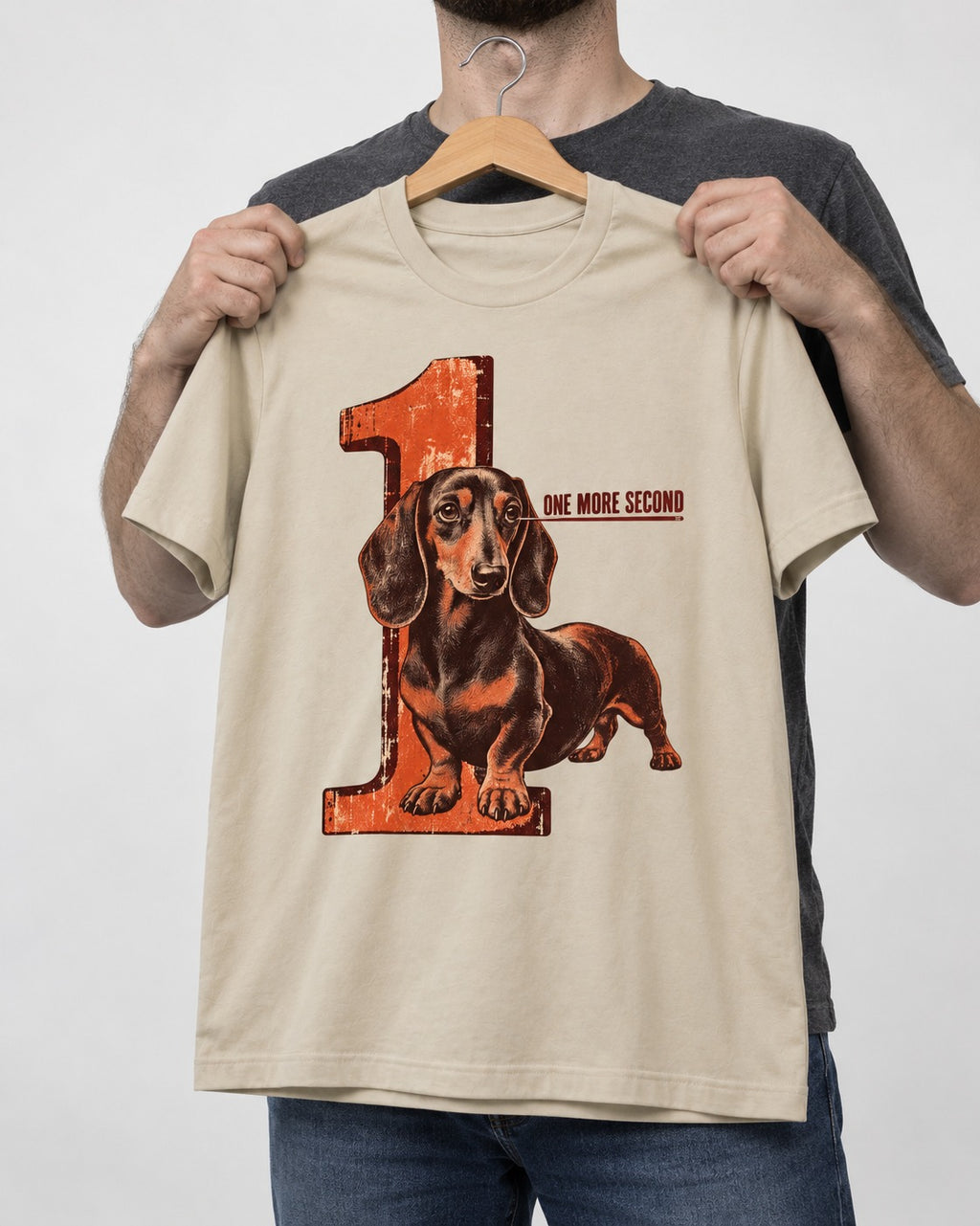 One More Second Dachshund T-Shirt in Sand, held up on a hanger
