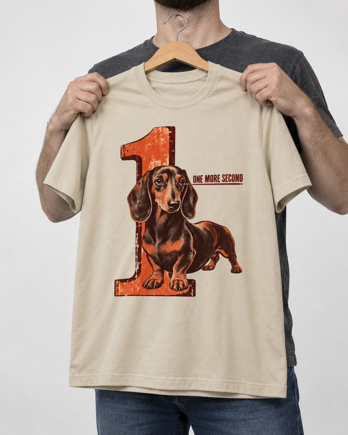One More Second Dachshund T-Shirt in Sand, held up on a hanger