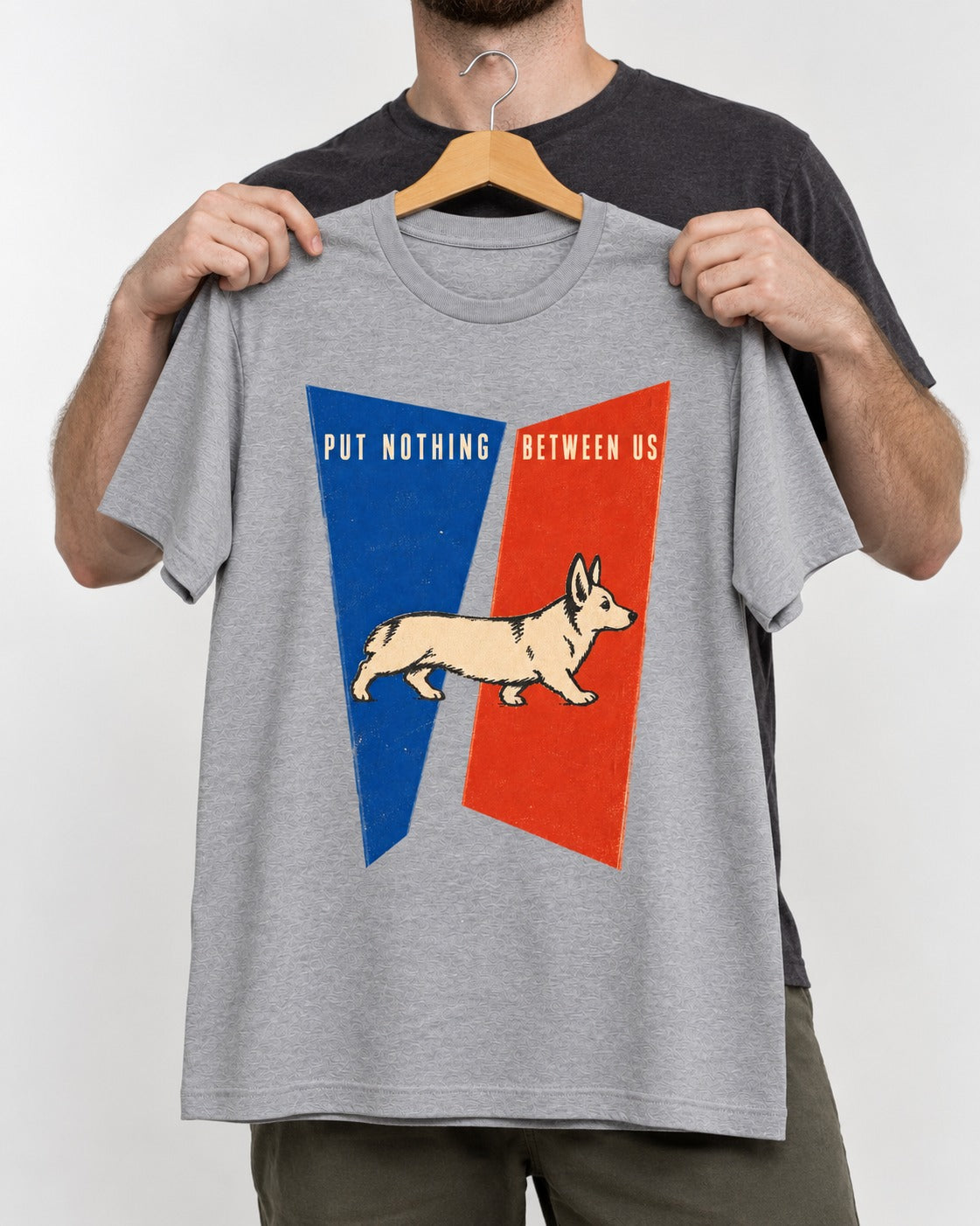 Corgi Put Nothing Between Us Split Panels T-Shirt in Sport Grey, held up on a hanger